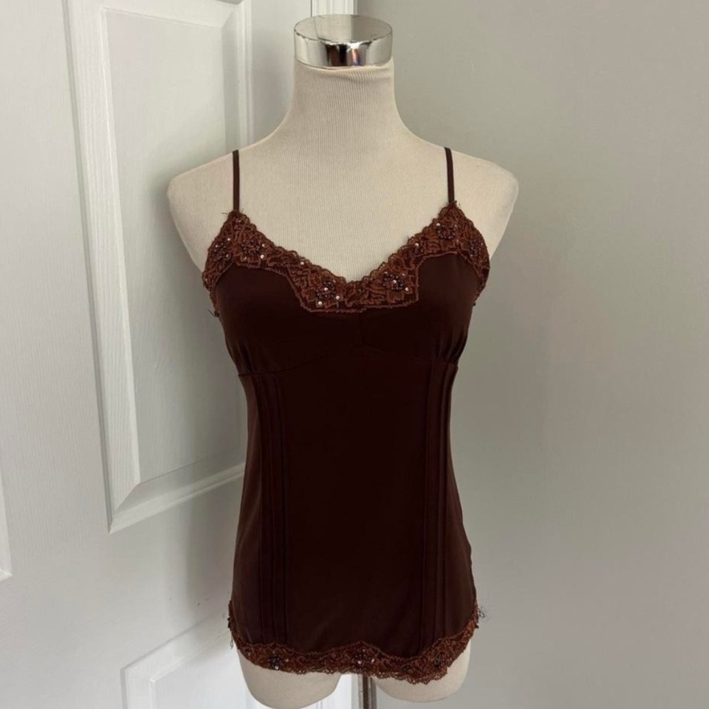 Y2K Vintage No Boundaries Brown Beaded Lace Trim Cami Top